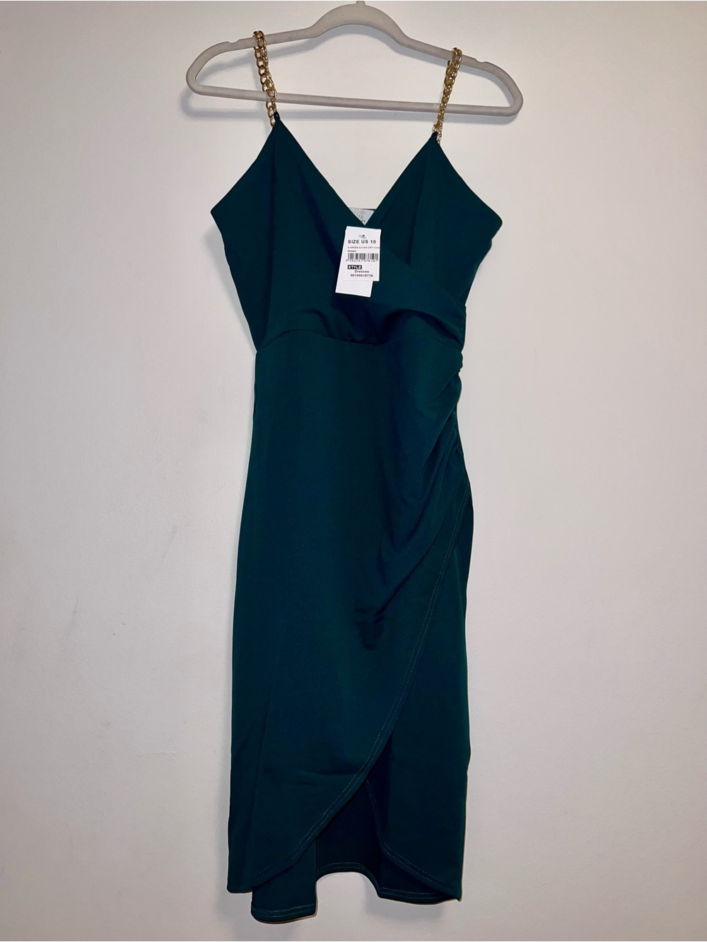 Quiz Dark Emerald Green Midi Dress Removable Gold Chain Straps Surplice Neckline